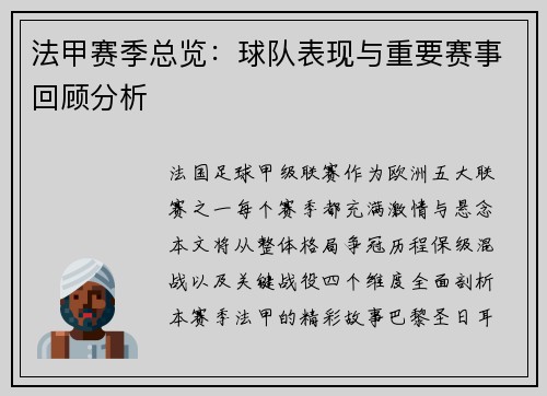 法甲赛季总览：球队表现与重要赛事回顾分析