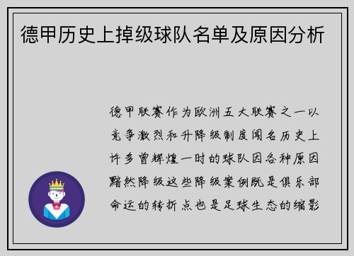 德甲历史上掉级球队名单及原因分析
