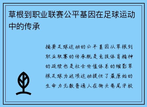 草根到职业联赛公平基因在足球运动中的传承