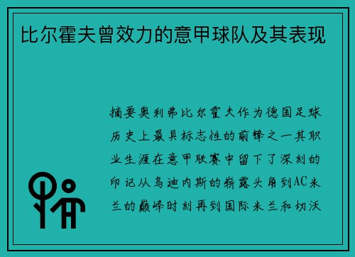 比尔霍夫曾效力的意甲球队及其表现